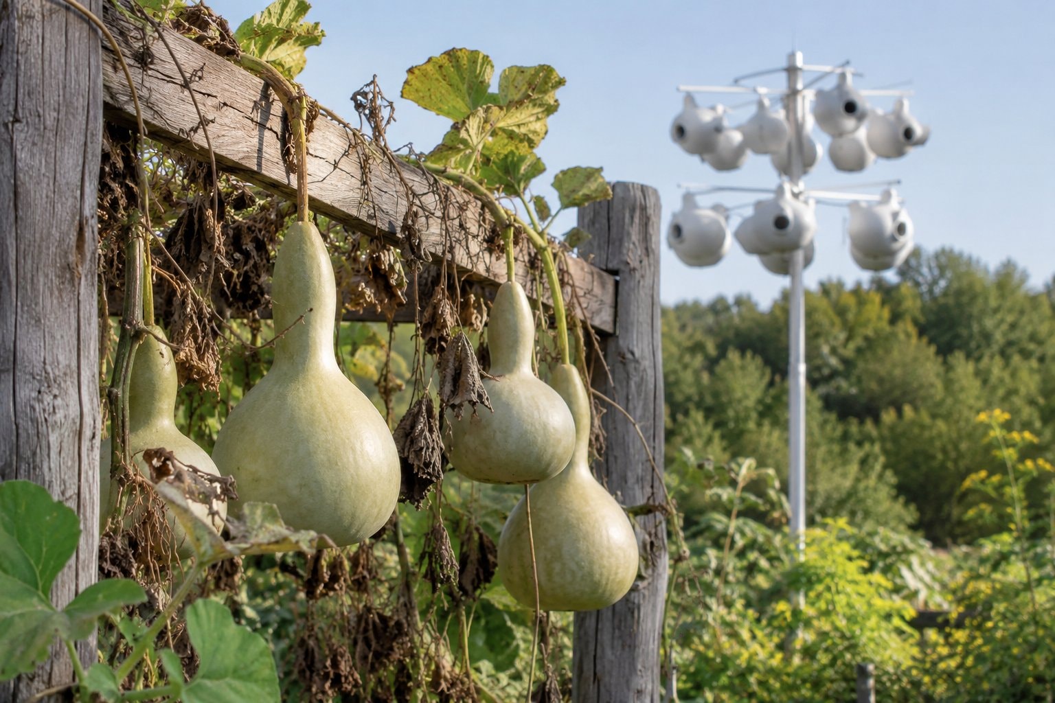Pale dried bottle gourds hanging on a weathered wooden fence