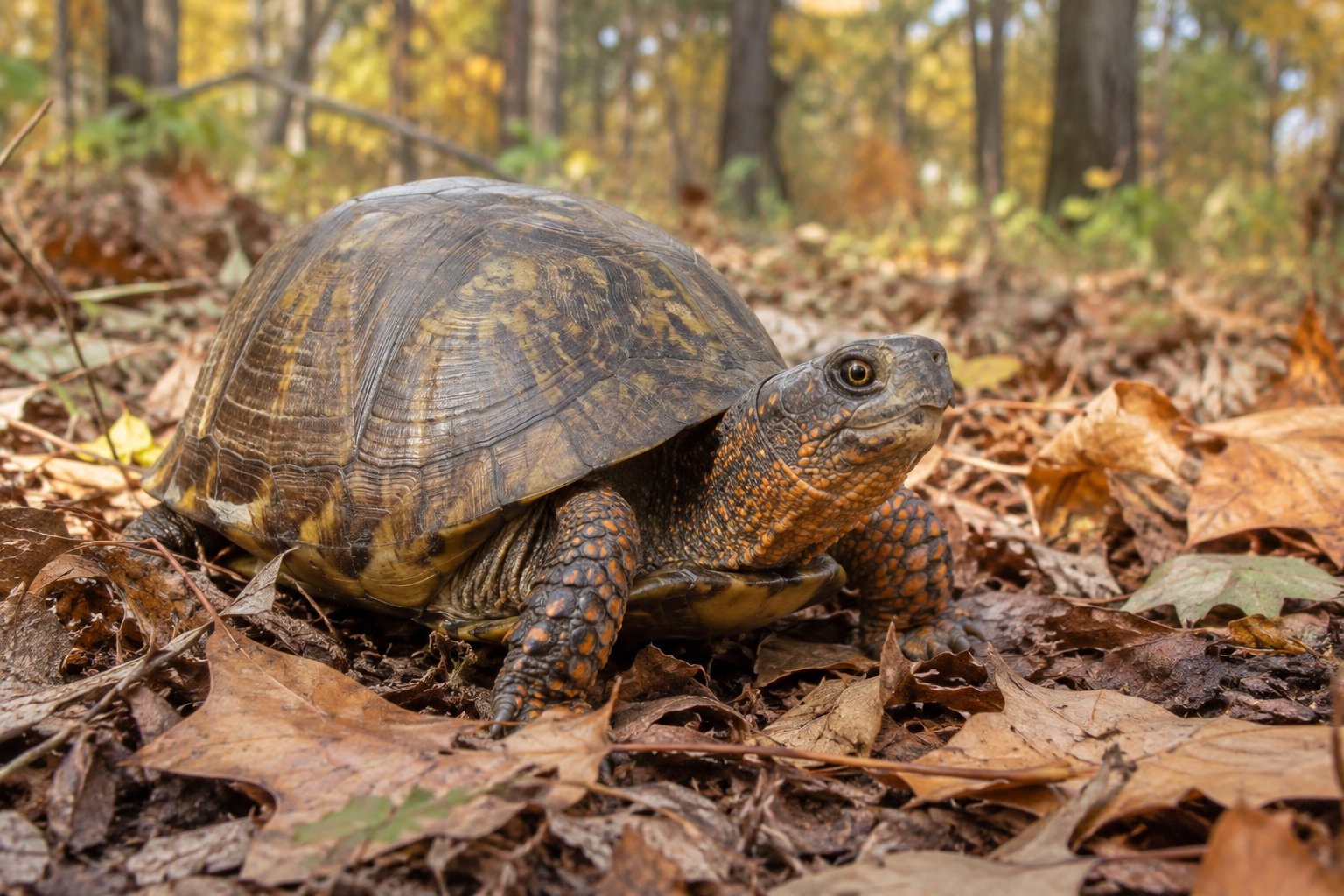 A small box turtle on brown fallen leaves