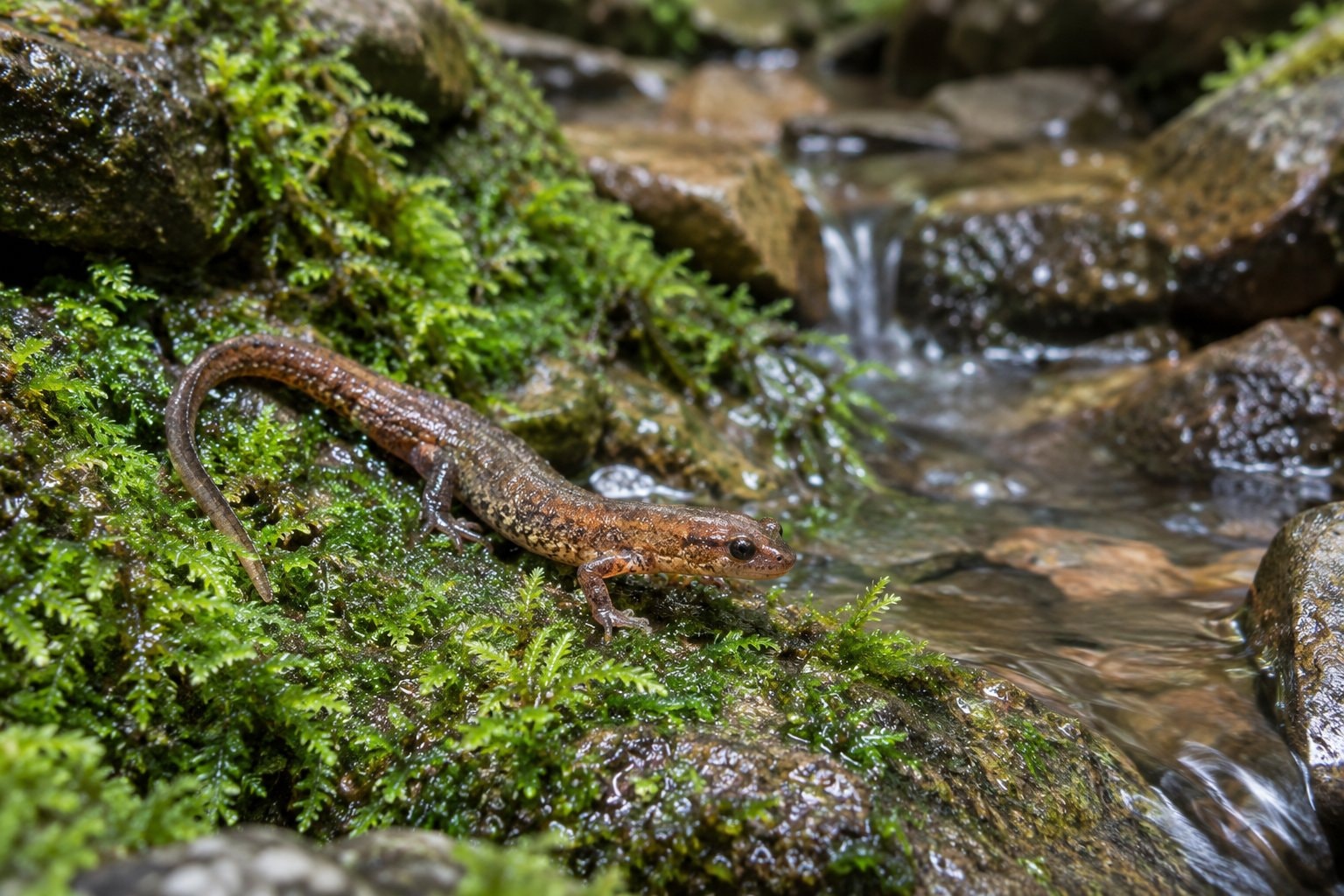 A small brown salamander on wet moss beside a rocky stream