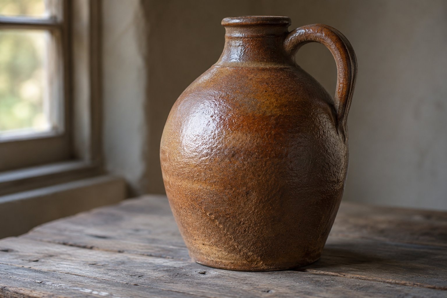 A plain brown glazed jug on a weathered wooden plank