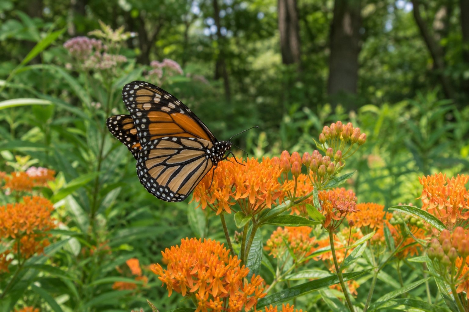 A butterfly resting on orange butterfly weed flowers