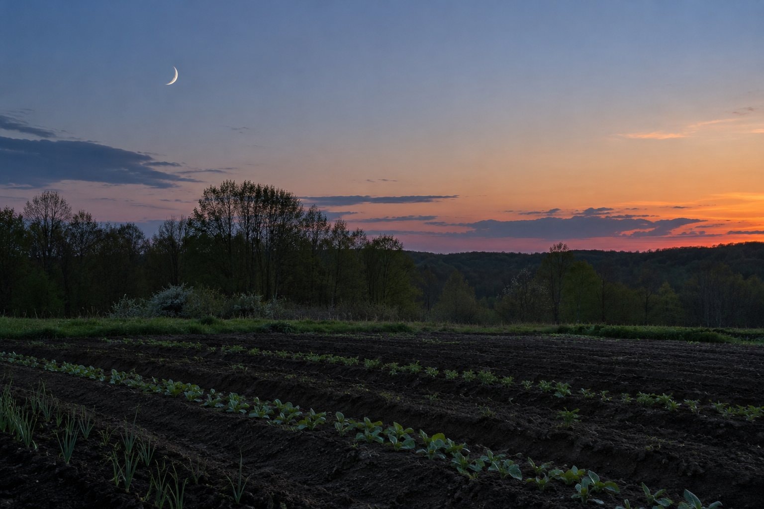 A crescent moon above dark garden furrows at dusk