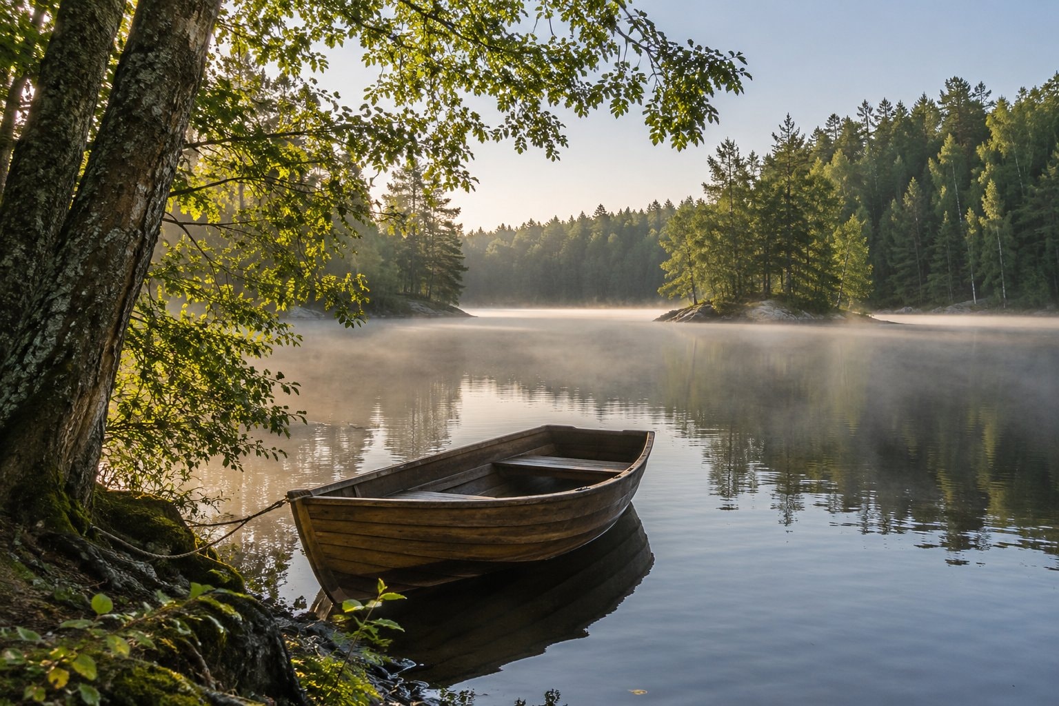 A small empty boat tied beside a calm lake at dawn