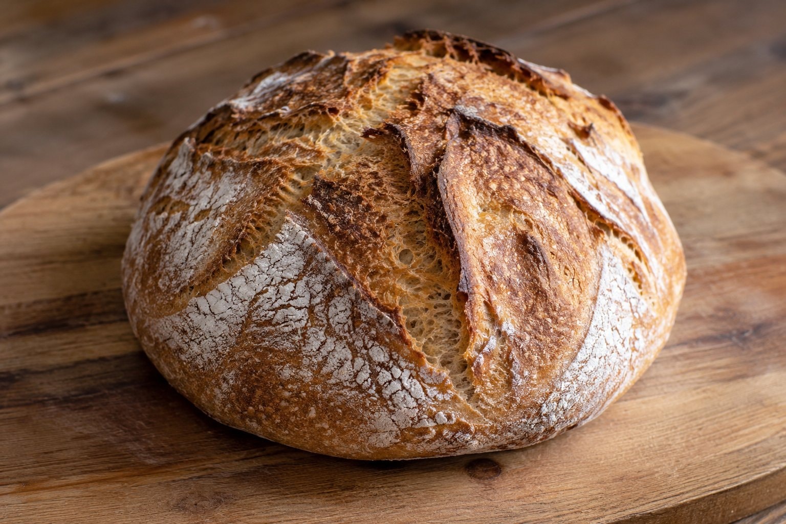 A round brown bread loaf on a wooden board